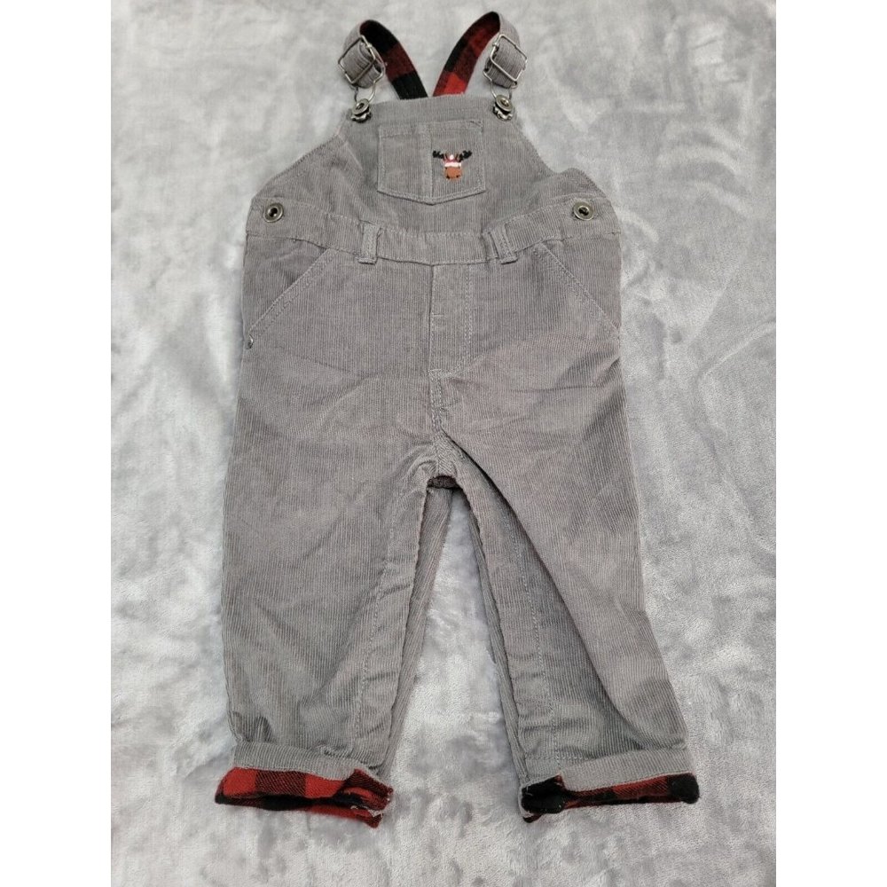 Tommy Bahama‎ baby Gray Corduroy Reindeer plaid Overalls 3-6 months